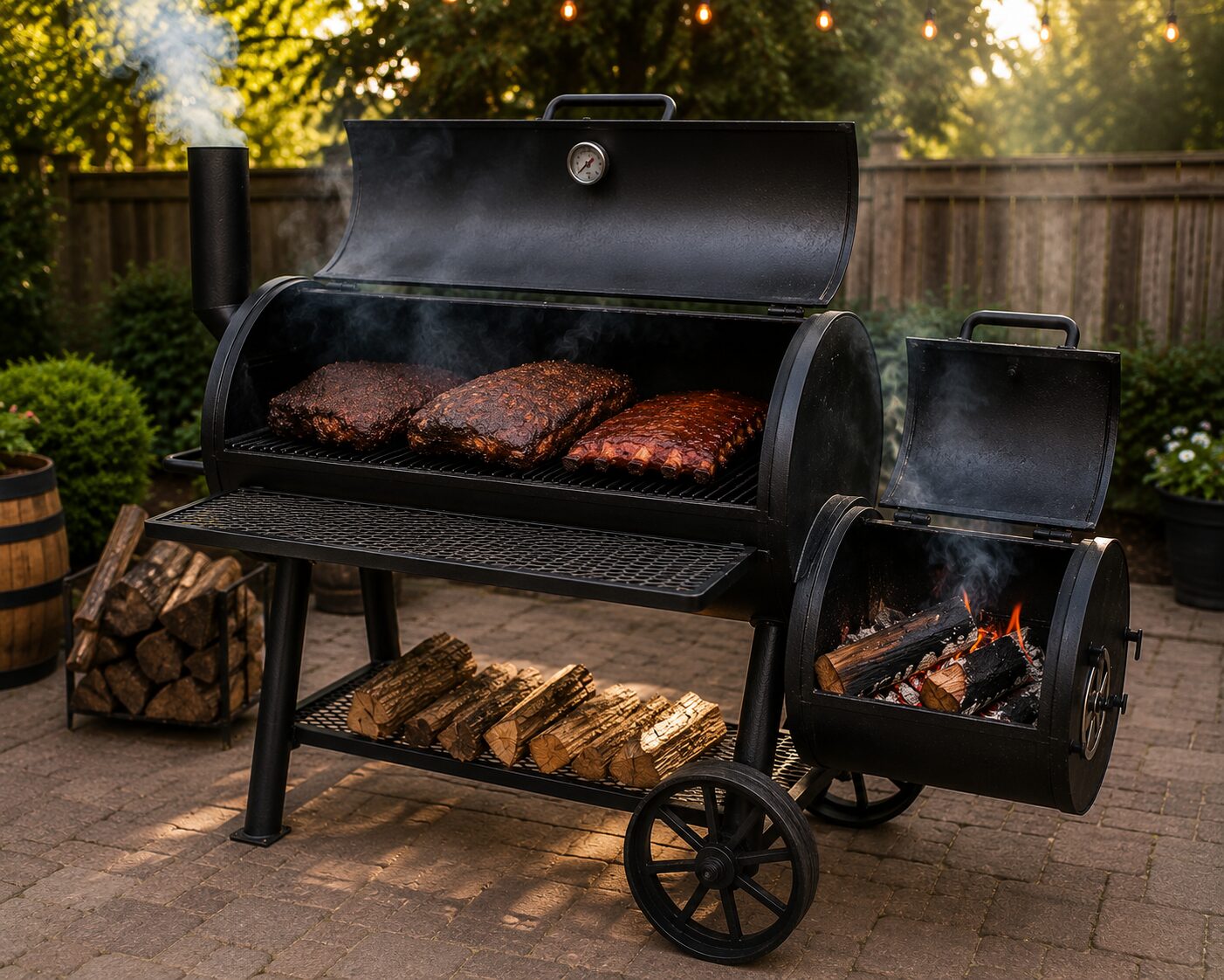 A heavy-duty Royal Gourmet offset smoker setup in a backyard with gentle smoke coming out of the chimney.
