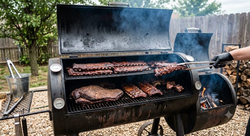 Opened main chamber of an offset smoker showing a large cooking area with multiple racks of ribs smoking inside.