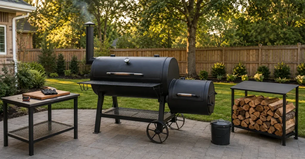 Safe outdoor placement of an offset smoker with adequate clearance from house walls.