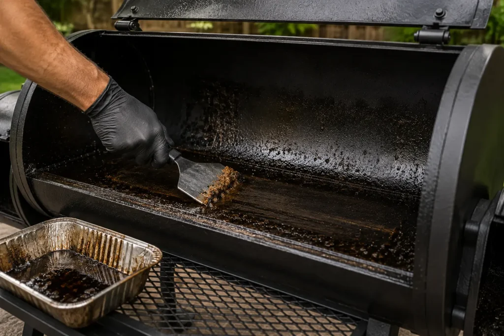 Using a plastic scraper to clean grease and carbon buildup from the bottom of a smoker cooking chamber.