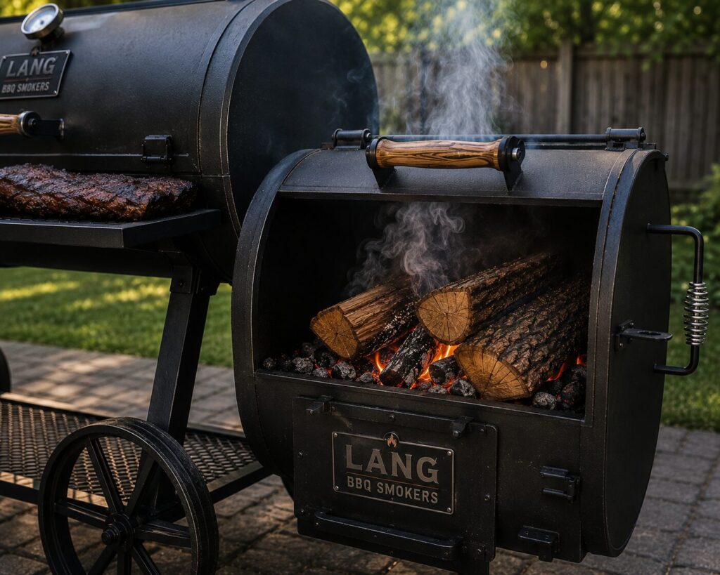 Clean burning seasoned oak hardwood logs inside the firebox of a wood burning smoker.
