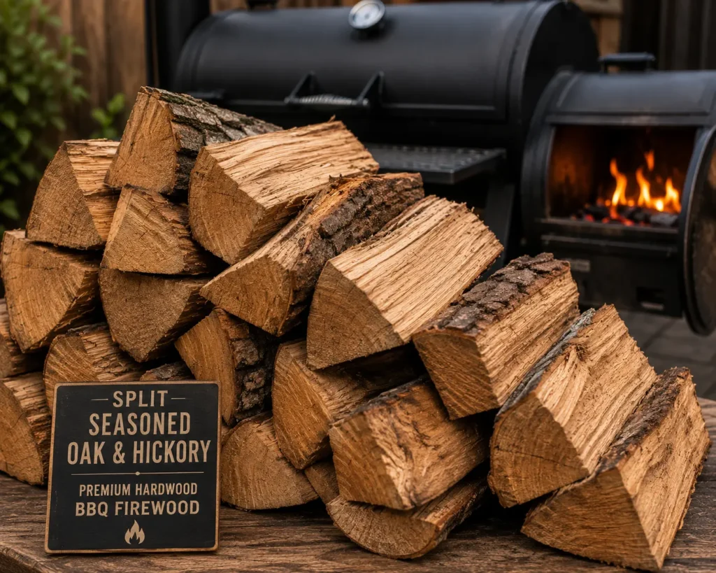 Split pieces of seasoned oak and hickory hardwood logs used for offset smoking.