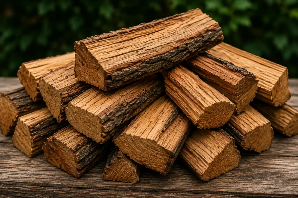 Stacks of dry seasoned oak and hickory hardwood splits ready for barbecue.