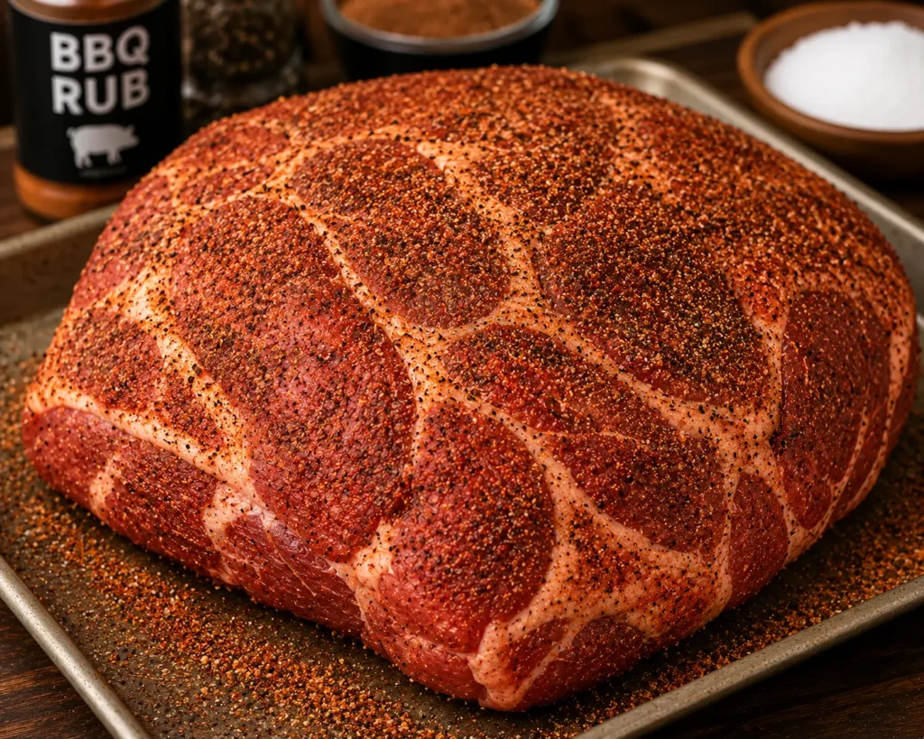 Pork shoulder coated evenly with a red BBQ dry rub seasoning