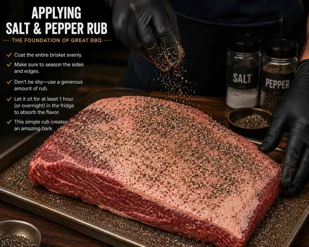 Applying coarse salt and black pepper rub evenly to raw beef brisket