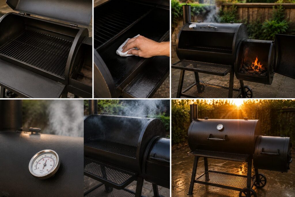 Coating the interior cooking grates of a new offset smoker with vegetable oil before the initial seasoning burn.