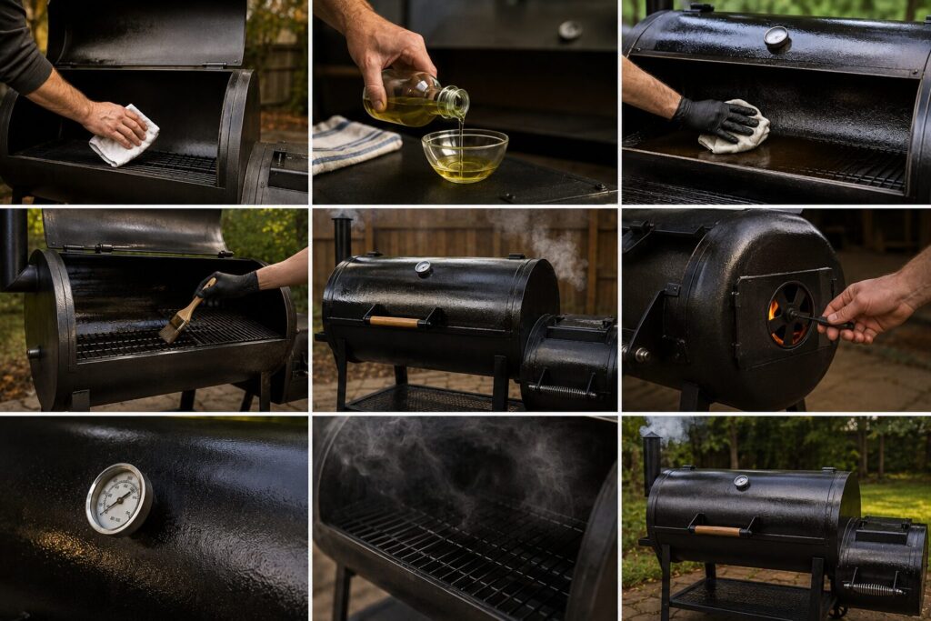 The dark, glossy interior of a newly seasoned offset smoker with a protective oil coating.