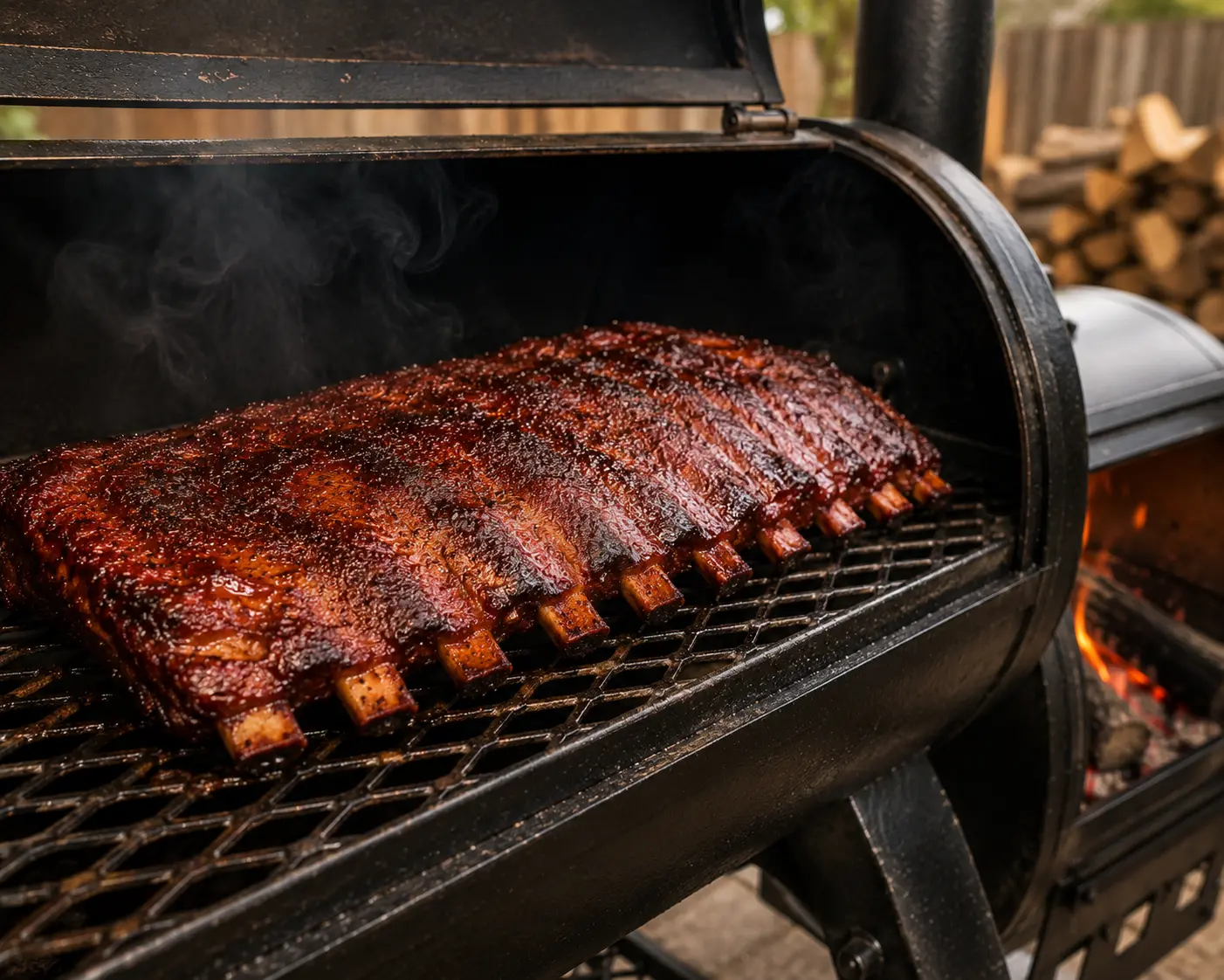 A beautiful rack of smoked pork ribs cooking inside an open offset smoker chamber.