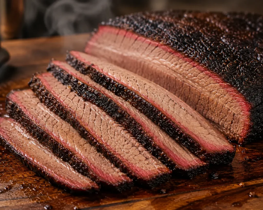 Perfectly smoked brisket slice with a deep red smoke ring and dark bark cooked in an offset smoker.