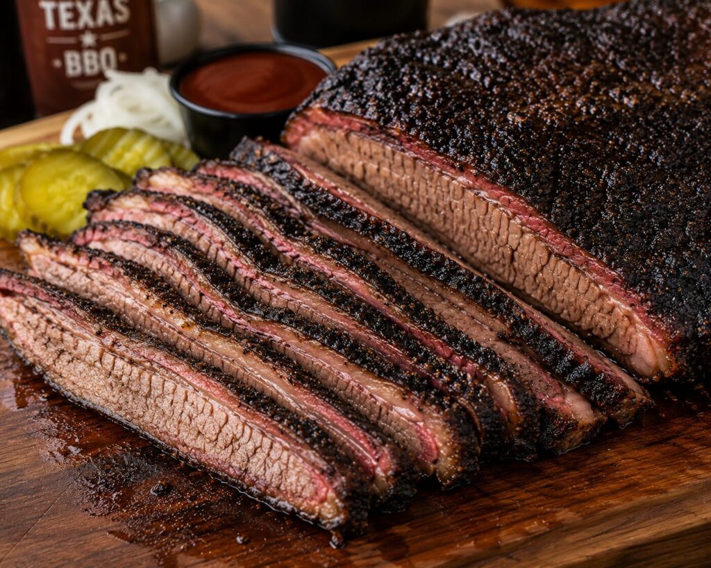 Slices of perfectly smoked juicy beef brisket with a prominent smoke ring, cooked on an offset smoker.
