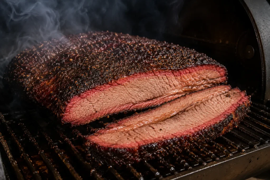 Sliced smoked brisket showing dark bark and smoke ring cooked in a smoker