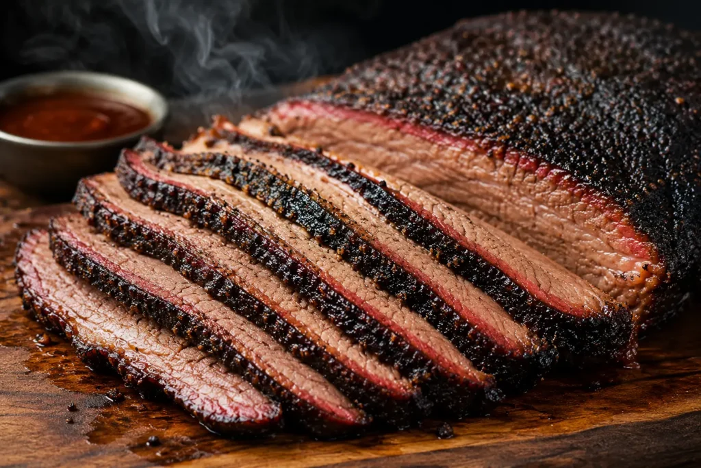 Sliced smoked brisket showing a deep smoke ring and dark crusty bark from an offset wood smoker.