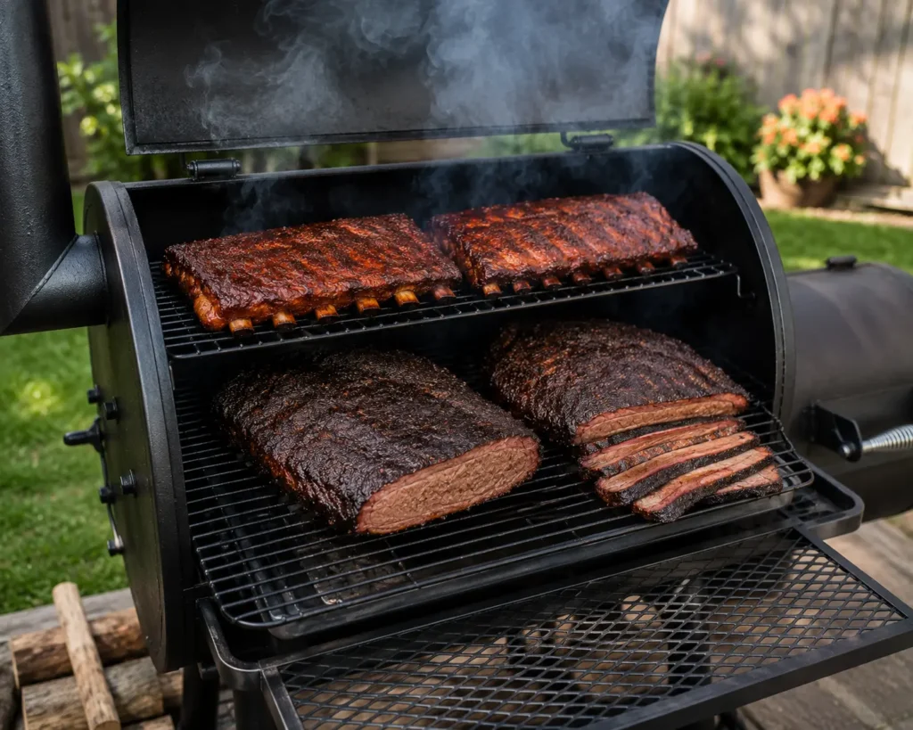 Smoked beef brisket cooking on an offset smoker grate