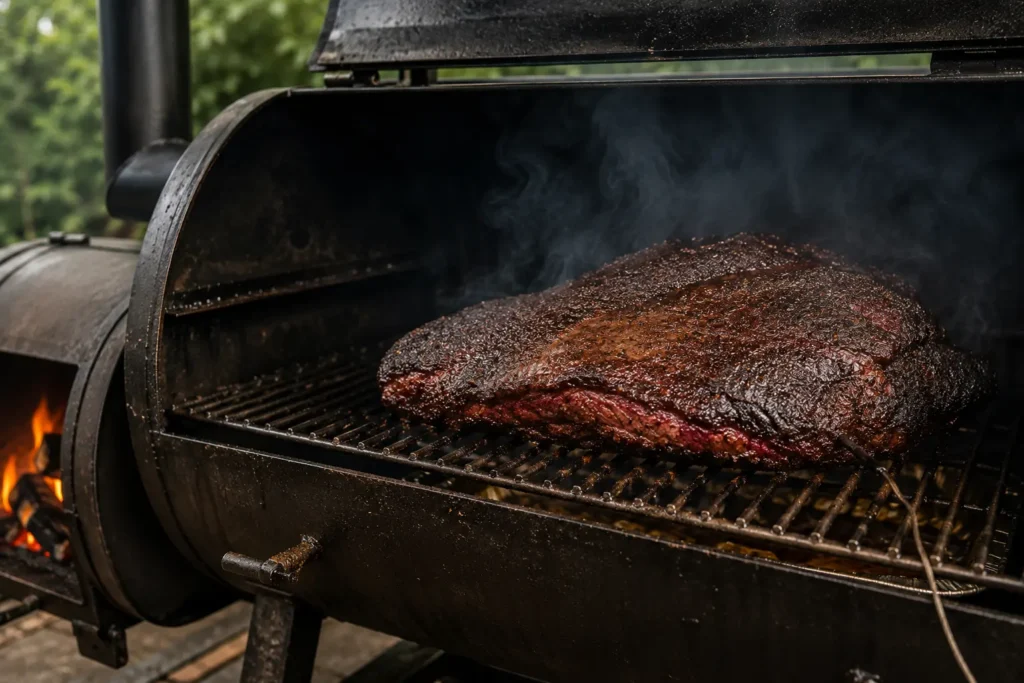 Smoked beef brisket developing bark on offset smoker grates