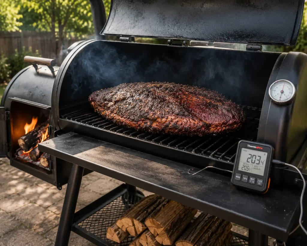Multiple smoked briskets resting on large horizontal grate of an offset smoker