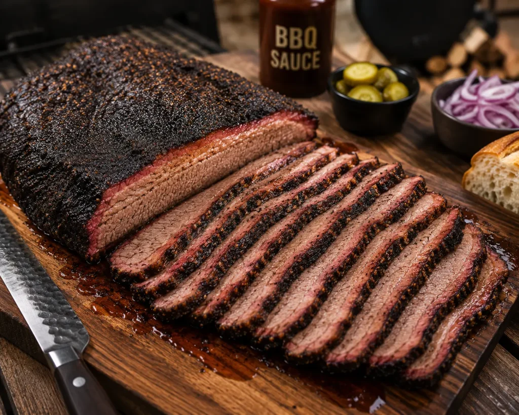 Perfectly smoked brisket sliced on a cutting board showing great bark development