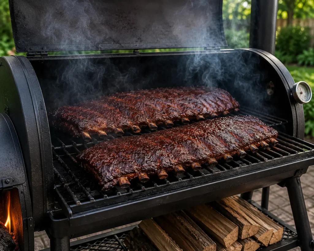 Sliced smoked brisket showing a deep smoke ring and crispy bark