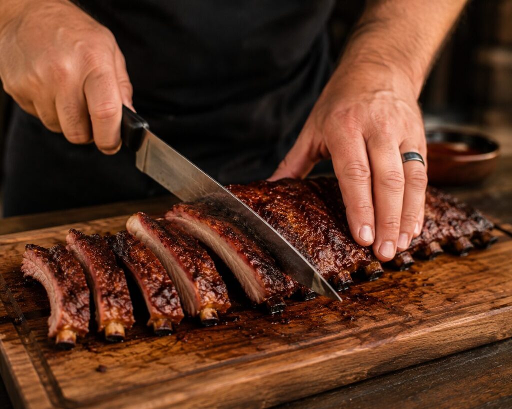 A perfectly cooked rack of smoked pork ribs displaying a rich smoke ring from an offset smoker grill.