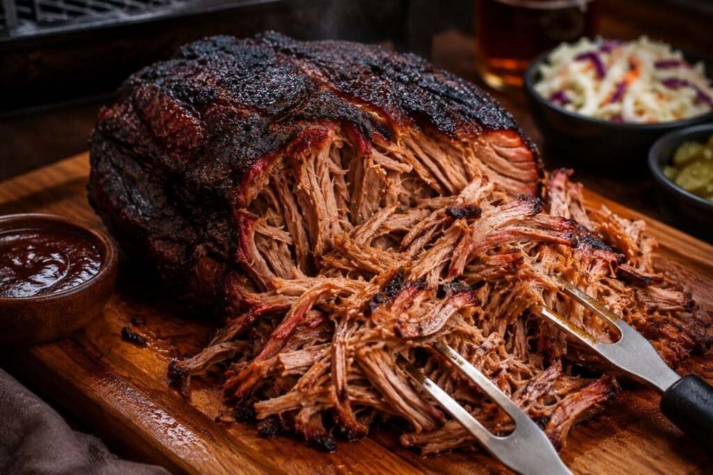 A juicy smoked pork shoulder resting inside the cooking chamber of an offset smoker.