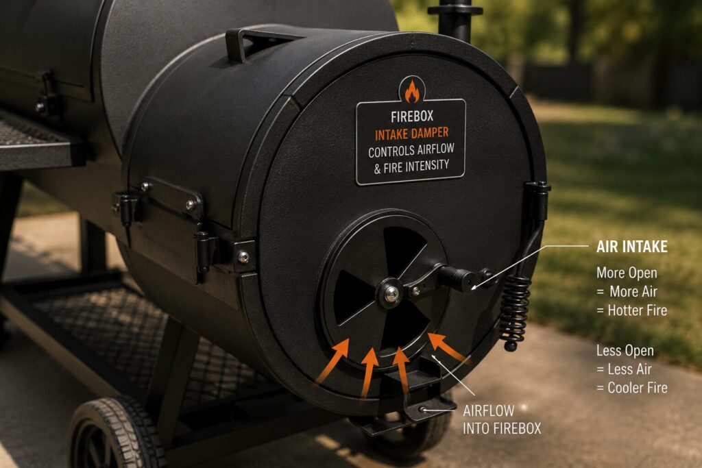Close-up of an adjustable intake damper on a smoker's firebox to control oxygen and heat.