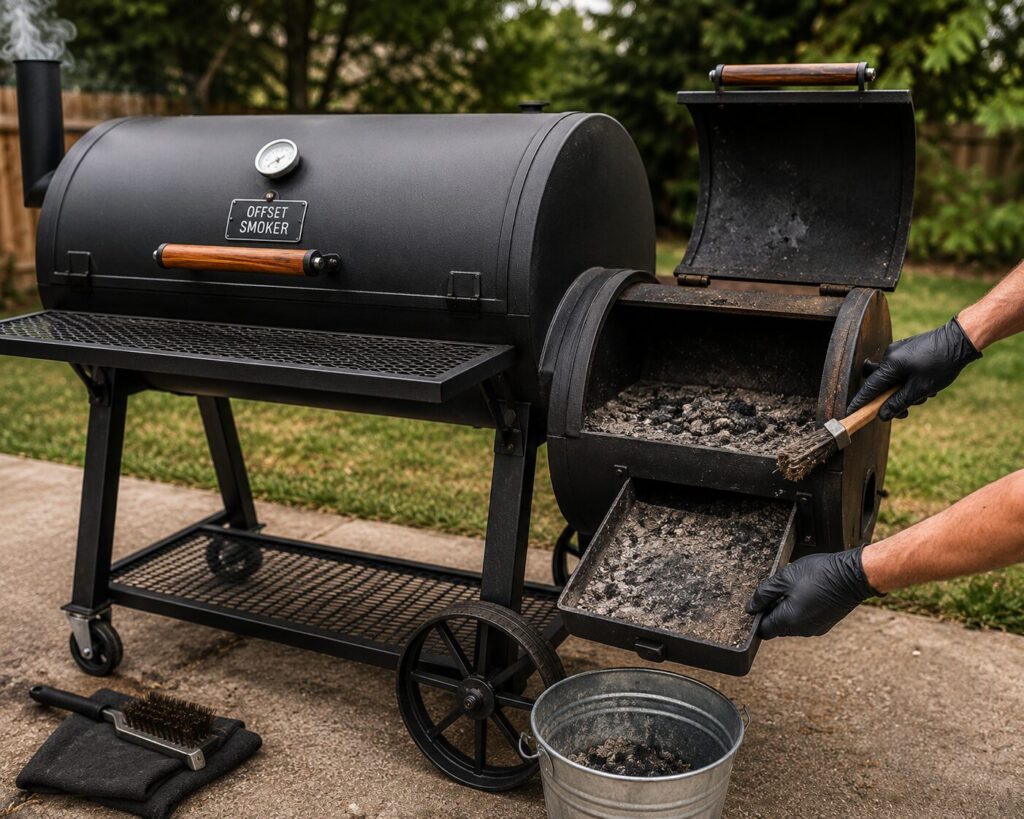 Removing leftover charcoal ash from a smoker's firebox ash pan for maintenance.