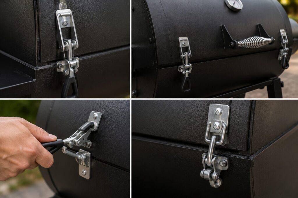 An adjustable heavy-duty toggle latch clamp installed on an offset smoker door lid to prevent heat loss.
