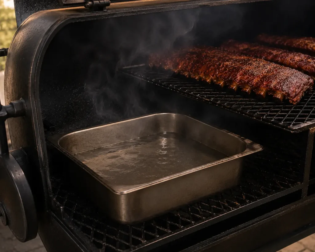 A water pan filled with warm water placed inside the smoker chamber to stabilize heat.