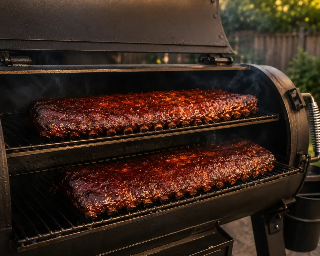 Multiple racks of BBQ ribs and briskets smoking evenly inside a Yoder offset smoker.
