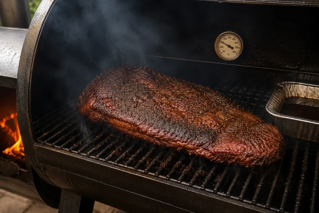 A whole beef brisket cooking slowly inside the smoking chamber of a barbecue smoker.