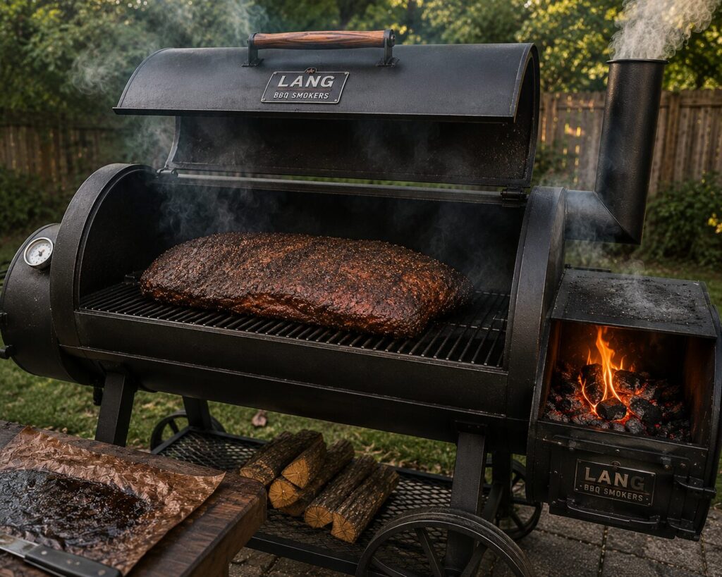 Smoked BBQ briskets and ribs cooking evenly inside a professional Lang reverse flow smoker.