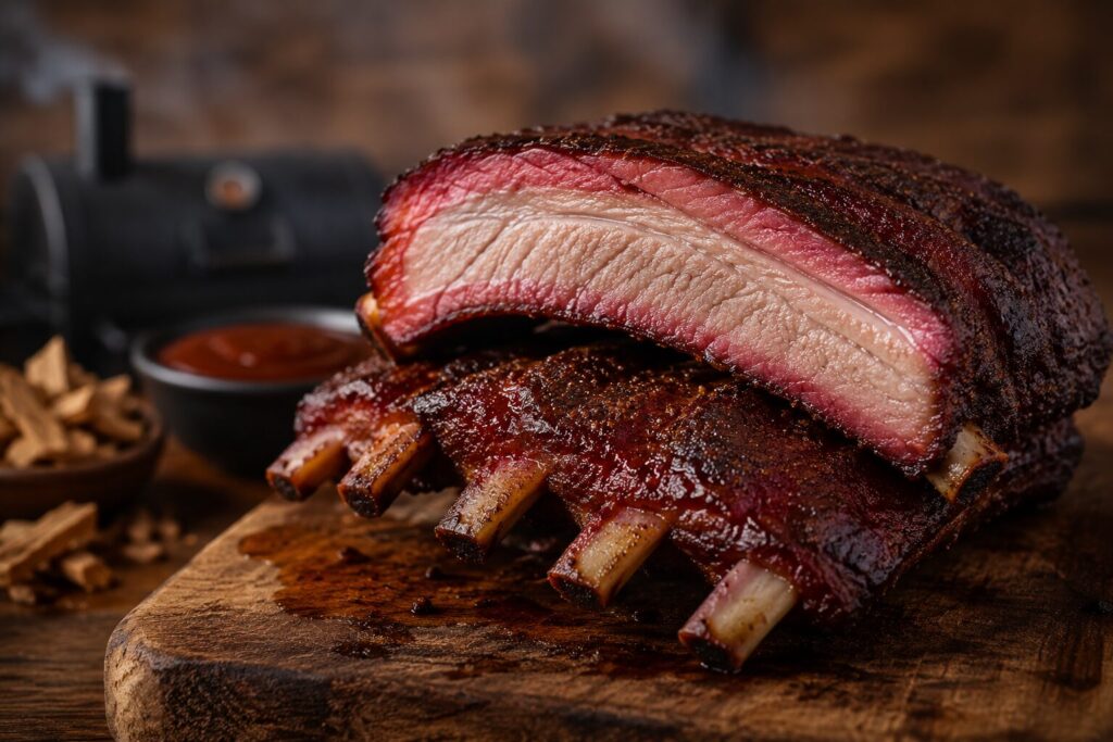 Smoked beef brisket with a perfect smoke ring inside an offset smoker cooking chamber.