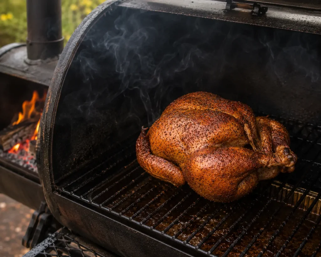 A whole chicken placed on the grill grate inside an offset smoker cooking chamber.