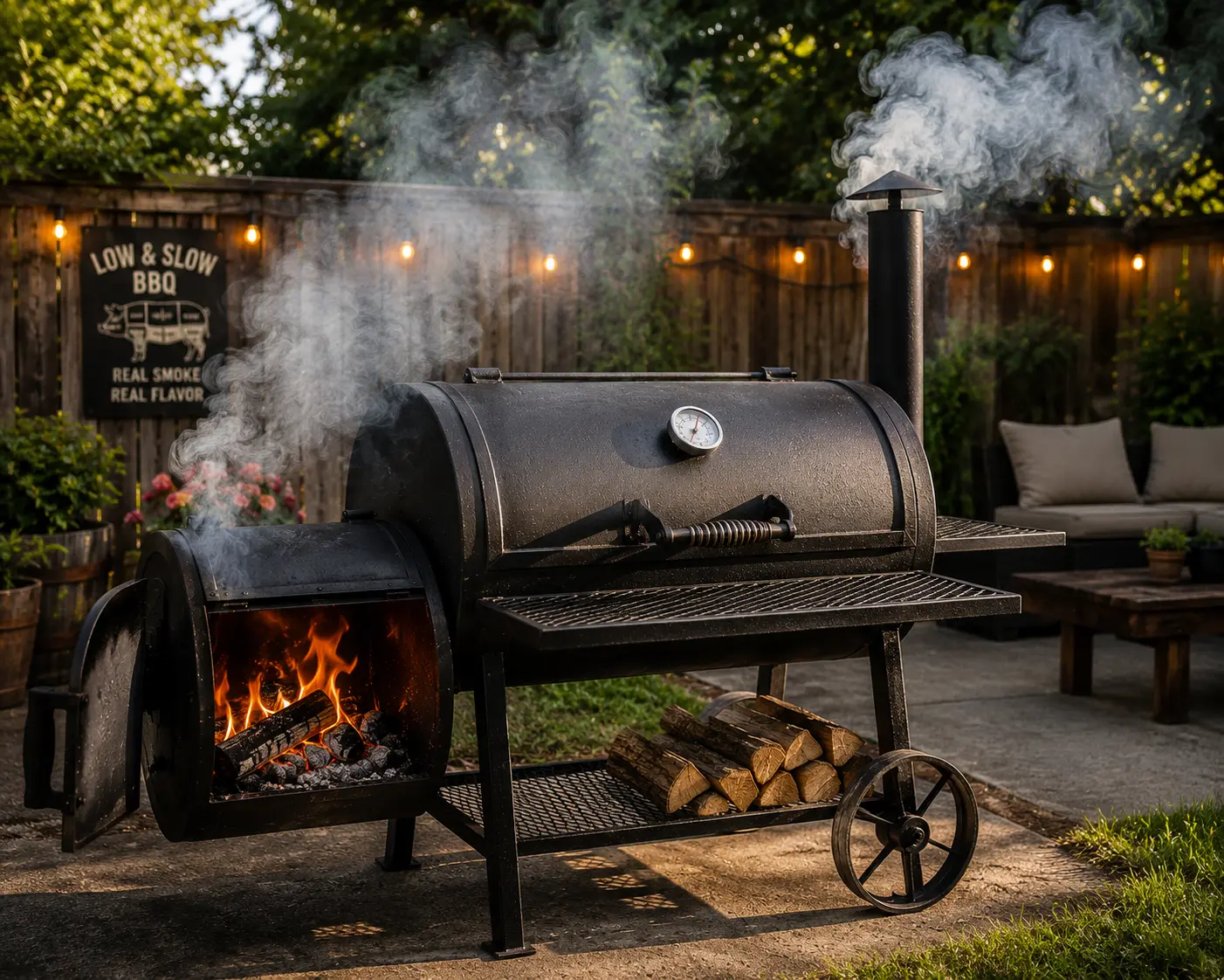 A heavy duty steel offset smoker in a backyard with clean smoke rising from the chimney.