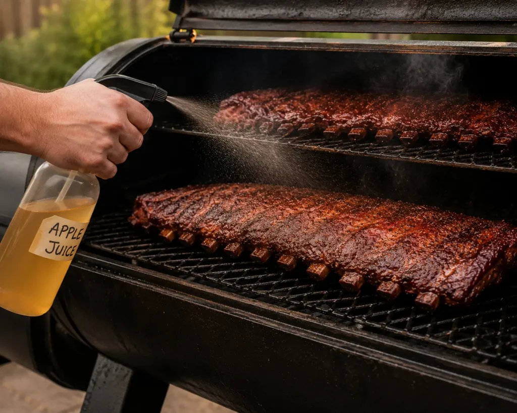 Spritzing cooking pork ribs with a spray bottle inside an offset smoker to maintain moisture.