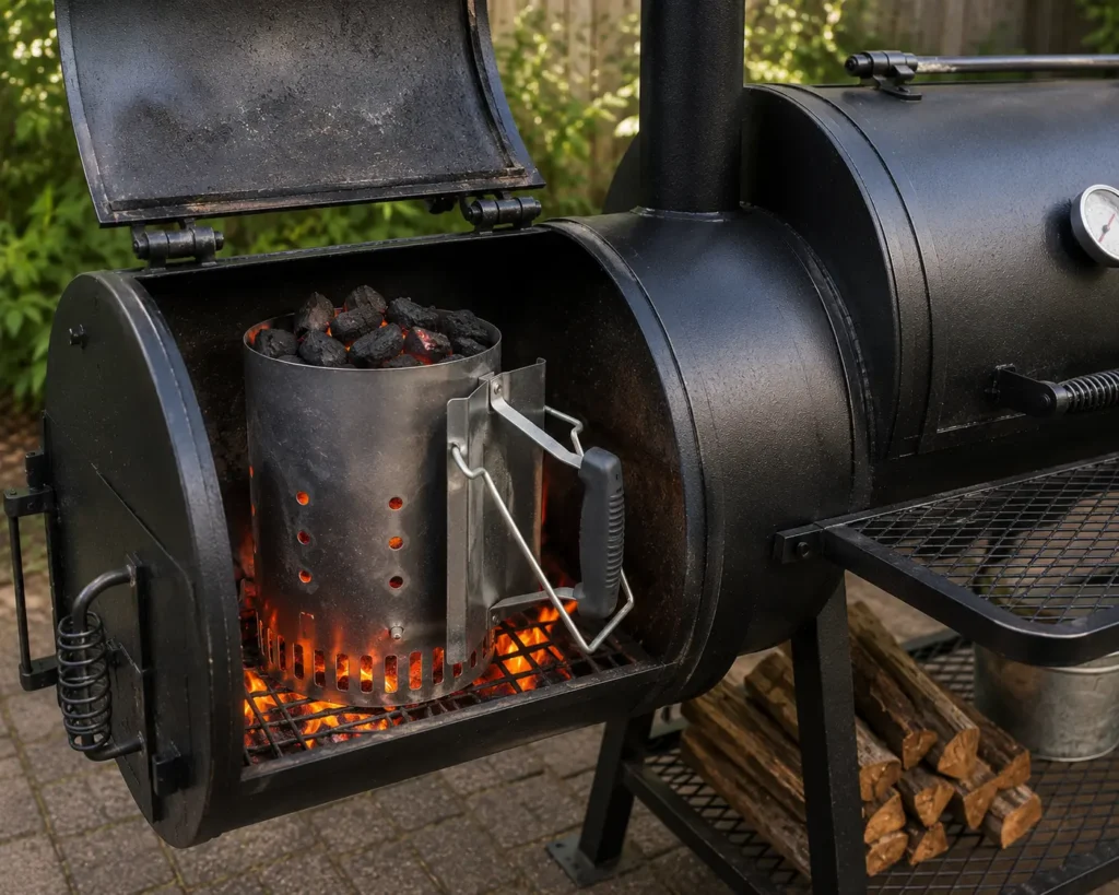 Hot charcoal glowing inside a chimney starter being transferred to an offset smoker firebox.
