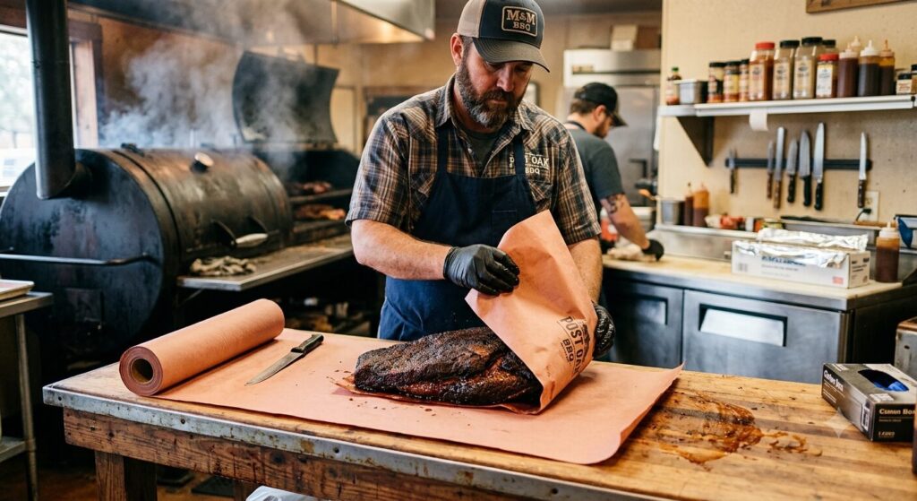 Wrapping a smoked beef brisket in pink butcher paper during the Texas Crutch phase.