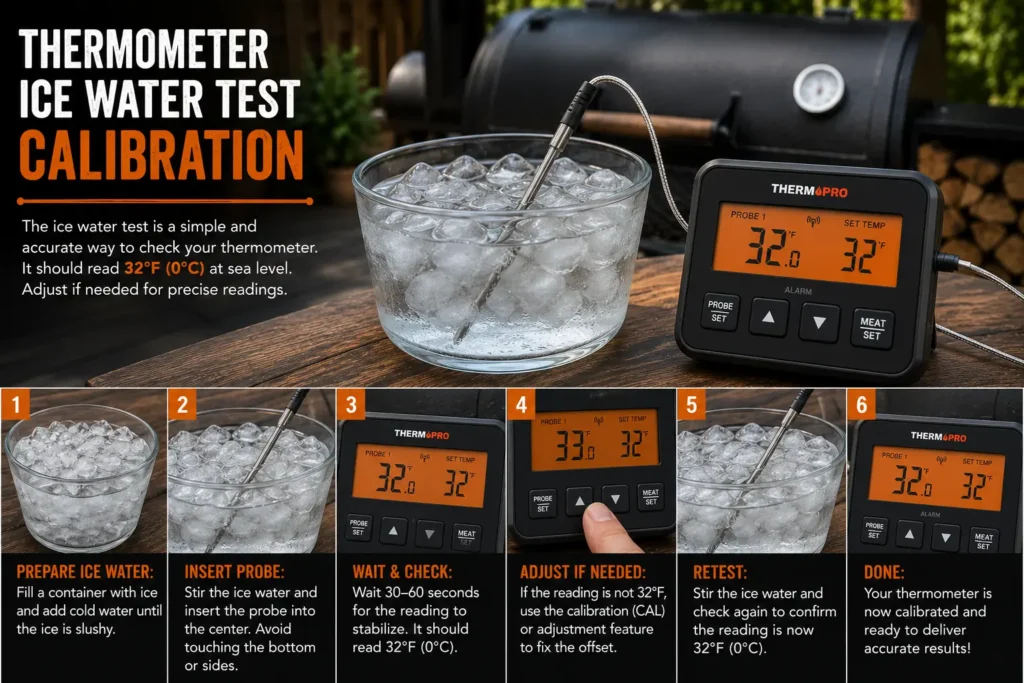 Testing a BBQ smoker thermometer probe in a glass of ice water for accurate calibration