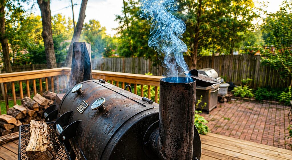 Clean, thin blue smoke exiting the smokestack chimney of a properly managed offset smoker.