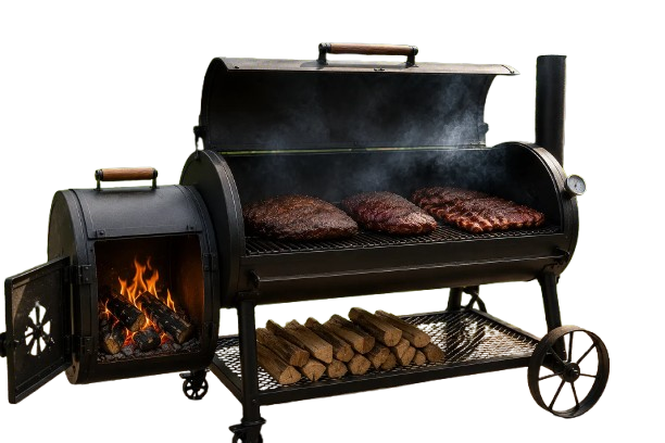 A traditional horizontal offset smoker with firebox and cooking chamber