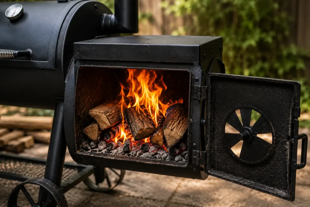 A heavy duty offset smoker with smoke coming out of the chimney