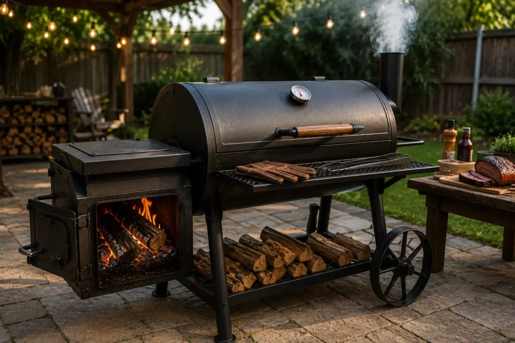 Traditional offset smoker with side firebox and horizontal cooking chamber