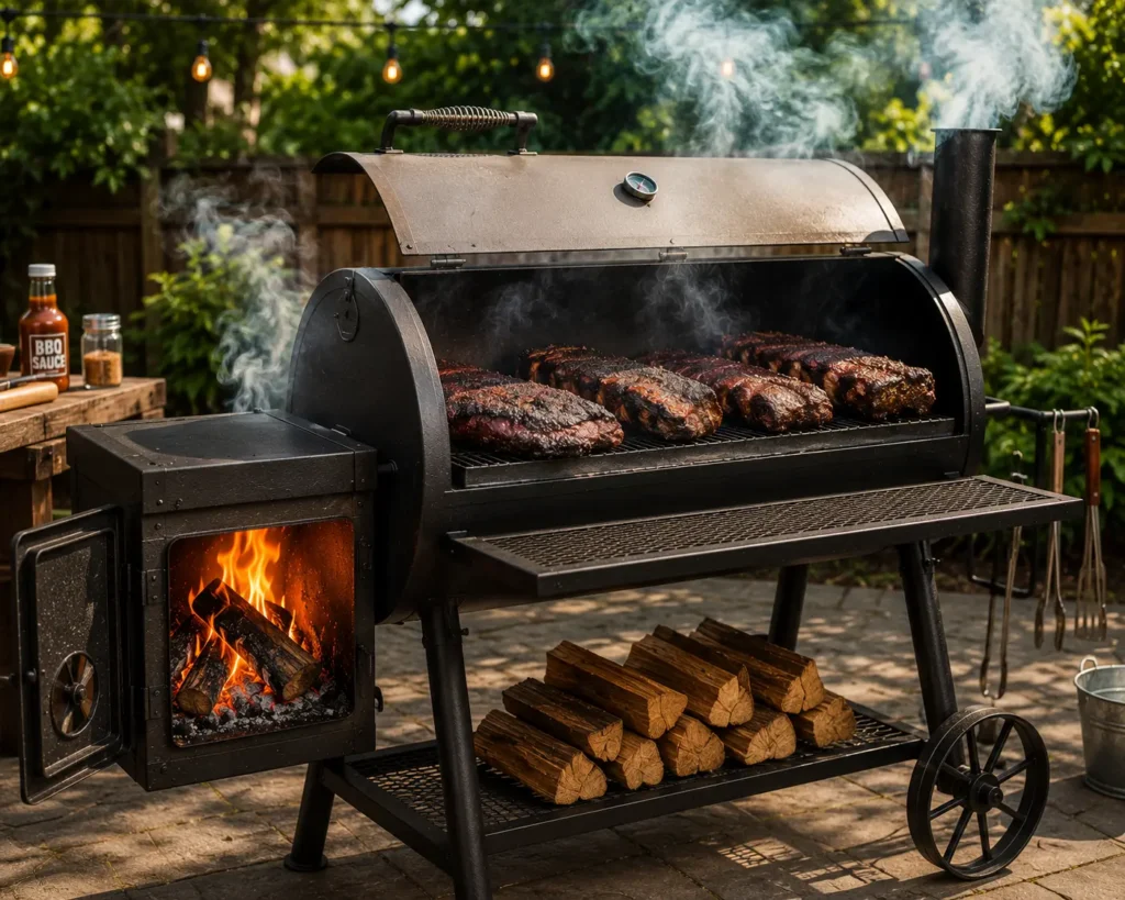 A heavy steel horizontal offset smoker with smoke rising from the chimney