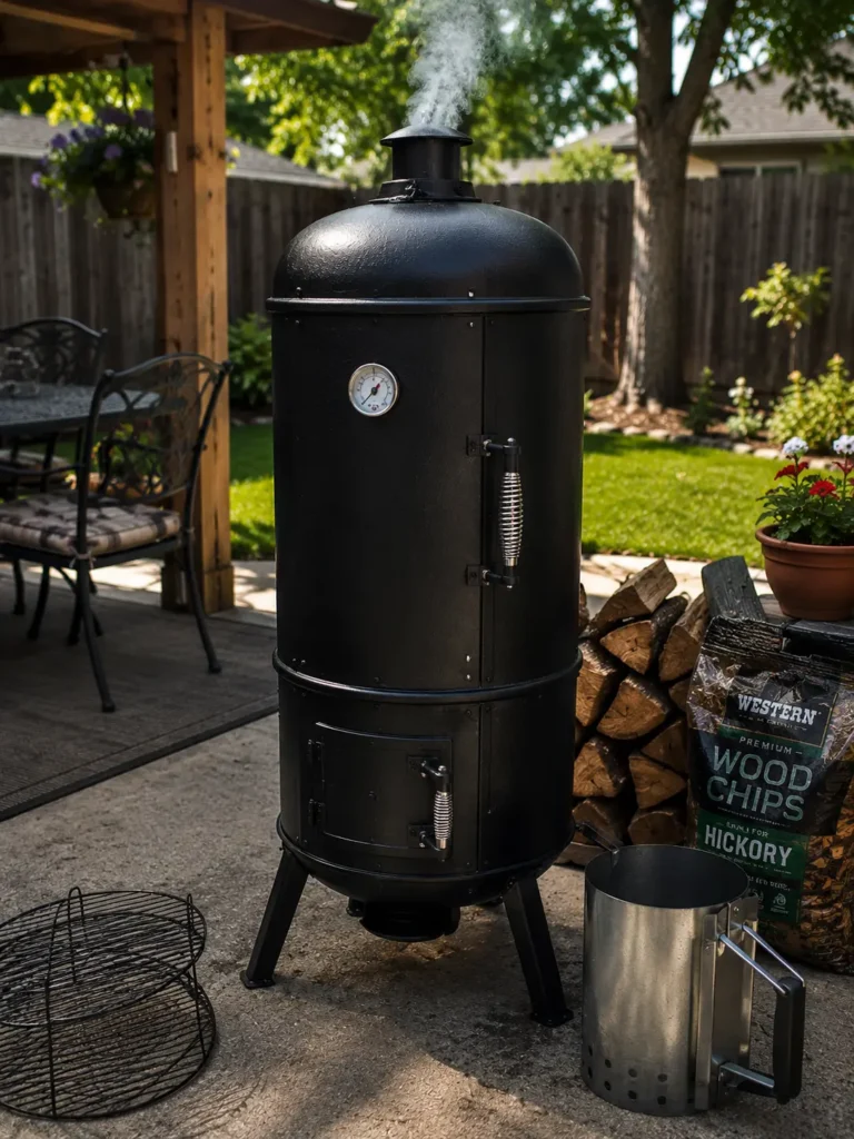 Traditional vertical drum and bullet smokers for backyard BBQ