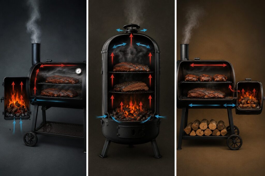 Technical illustration comparing the airflow dynamics of a traditional offset smoker and a reverse flow smoker.