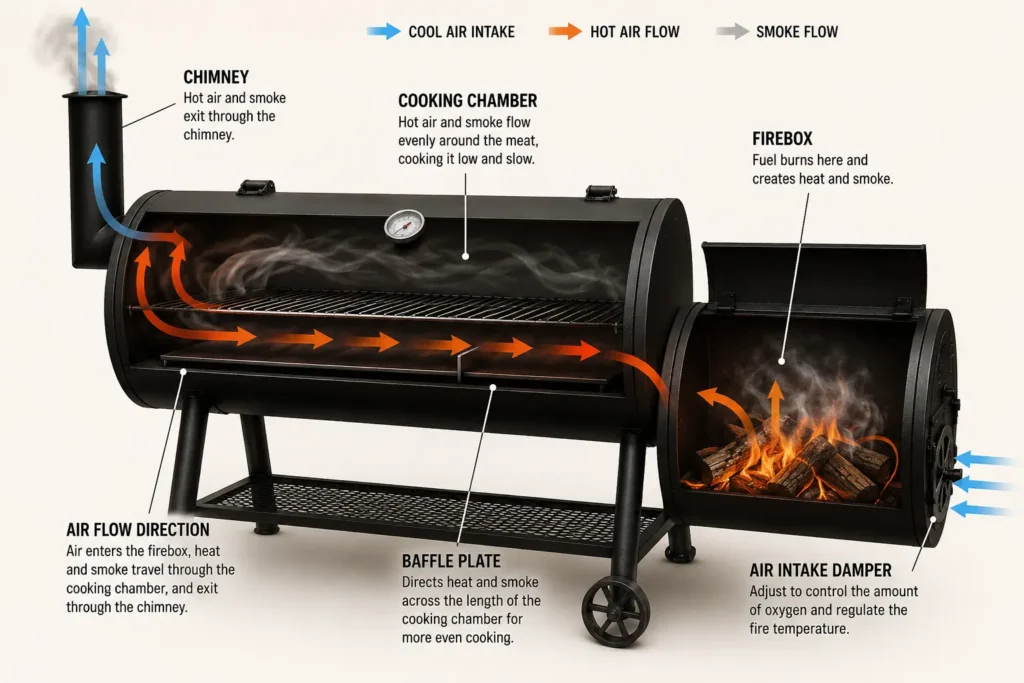 Diagram showing heat and smoke airflow comparison between traditional and reverse flow offset smokers