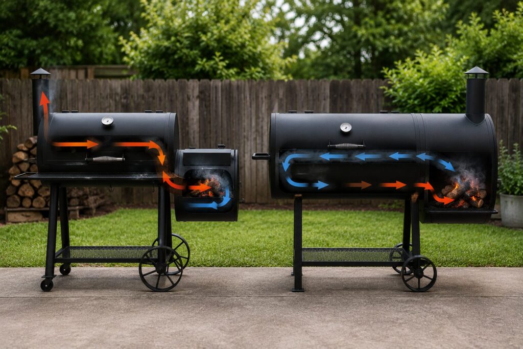 Side by side comparison of a traditional offset smoker and a reverse flow smoker model.