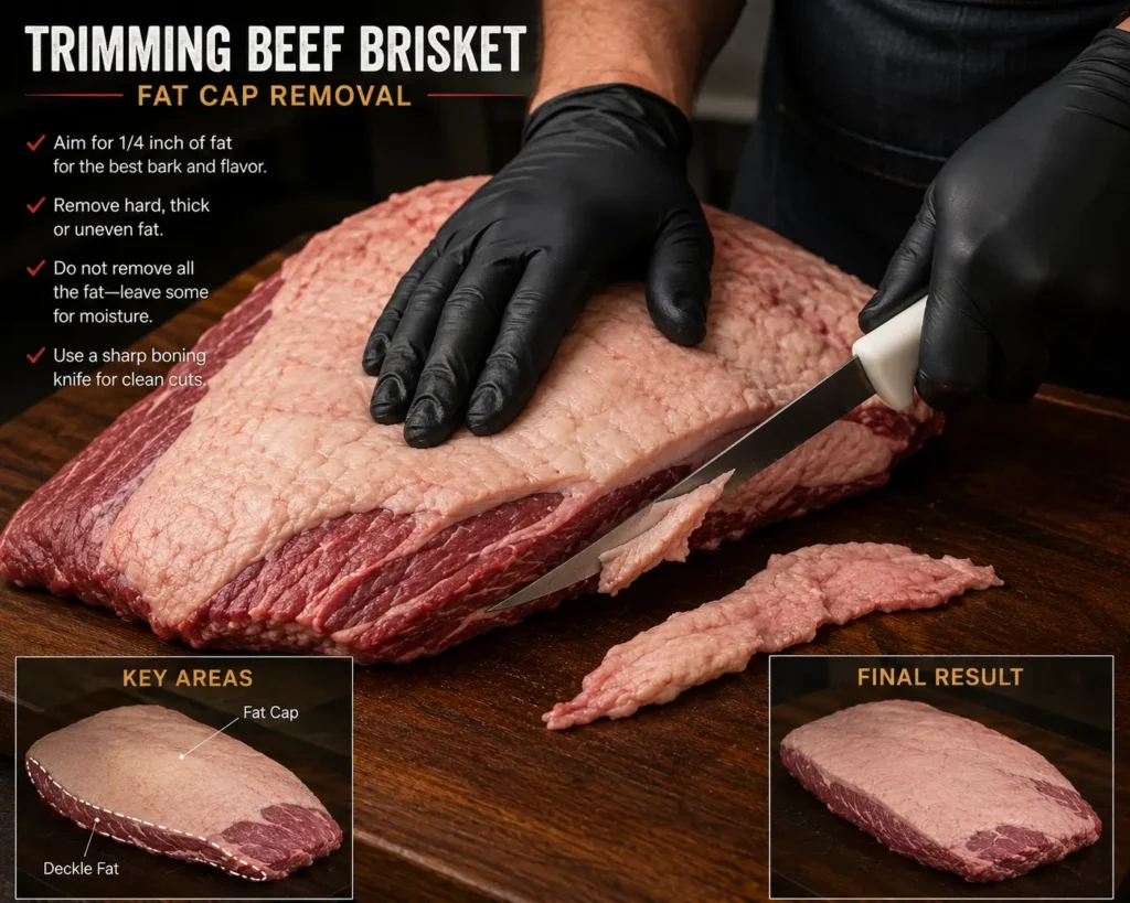 Trimming excess fat from a raw beef brisket packer with a sharp boning knife