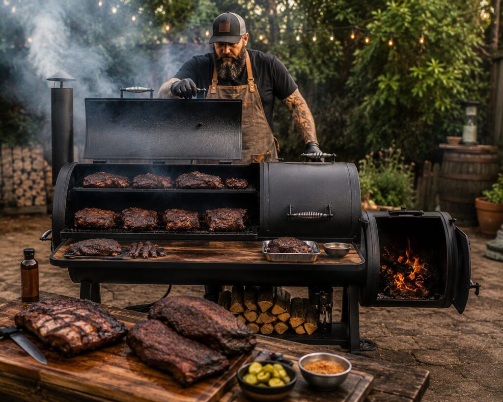 A heavy-gauge steel offset smoker running perfectly with thin blue smoke coming out of the chimney.