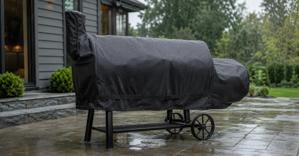 Waterproof offset smoker cover protecting a smoker outdoors