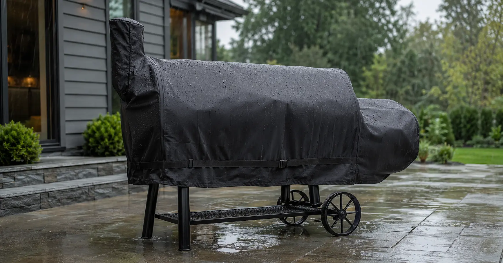Waterproof offset smoker cover protecting a smoker outdoors